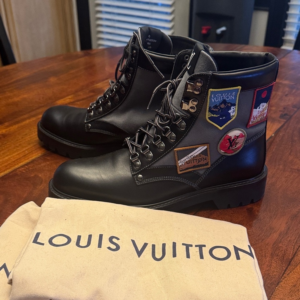Louis Vuitton Black Leather Combat Boots Damier Graphite Alps Capsule